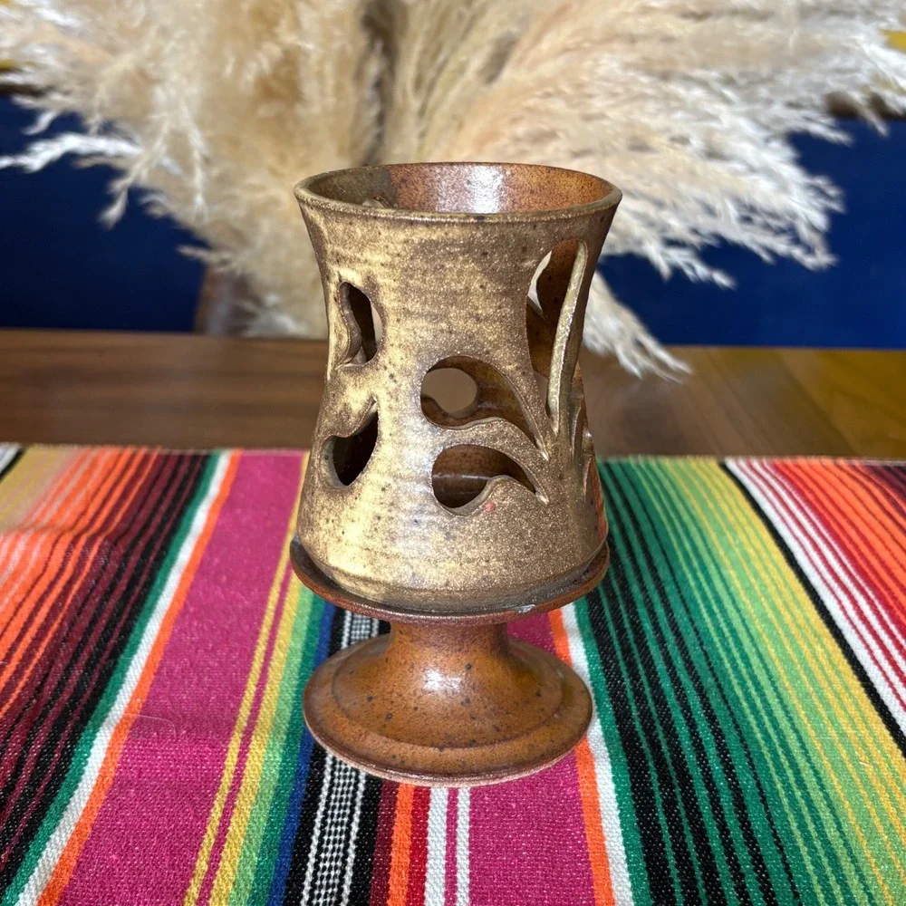 Studio Pottery Cutout Candle Holder Earthy Brown Stoneware Pedestal Votive